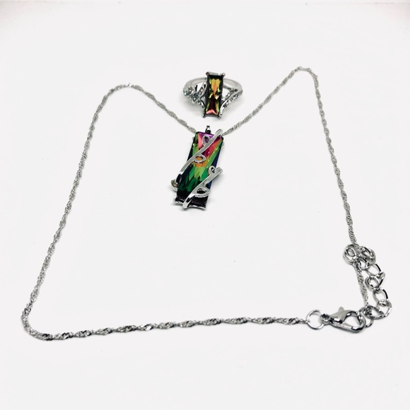 Silver Plated Mystic Topaz Ring And Necklace Set - Picture 3 of 12